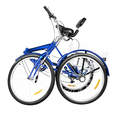 DSYOGX 24 Zoll 7-Gang Faltbar Dreirad, Erwachsene 3-Rad Fahrrad Klappbar mit Korb und Rückenlehne Höhenverstellbar für Erwachsene, Senioren und Anfänger Geeignet, Blau